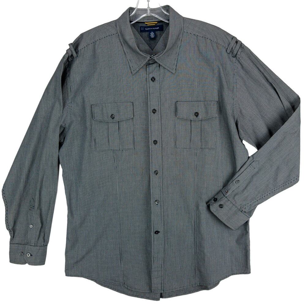 Tommy Hilfiger Shirt Men's XL Long Sleeve Black White Grid Epaulets Button Up